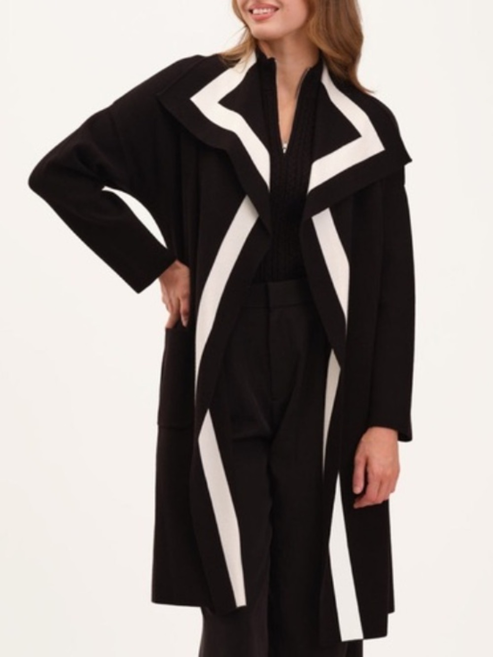 Tahari sweater oversized Black with White Stripe Shawl Collar